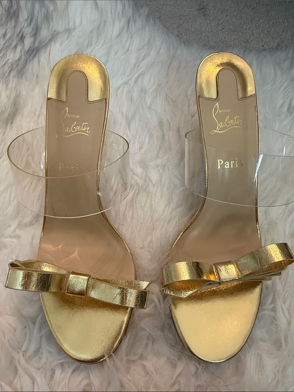 Christian Louboutin Gold Metallic Bow Clear-Strap Slide Sandals